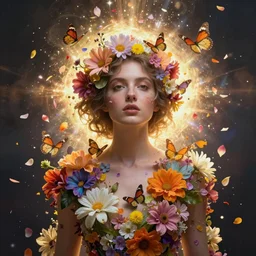 portrait of a woman made of flowers and butterflies, explosion of petals, artgerm, wlop, radiant halo of light, sylvain sarrailh, artstation, ismail inceoglu, liam brazier, petros afshar