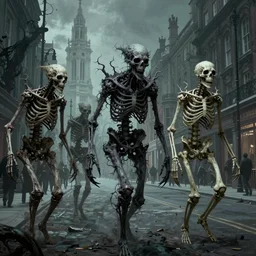 matte painting of eldritch creatures with surrealistic morphed skeletons roaming the streets of London, Zdzislaw Beksinski, Wayne Barlowe, Joe Fenton, gothic, cosmic horror, dystopian, biomorphic, lovecraftian, amazing details, cold hue's