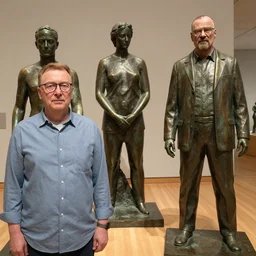jesse pinkman and walter white transformed into inanimate bronze statues, in a museum