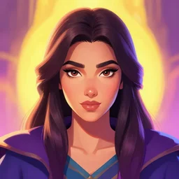 front facing symmetrical centered painted portrait, just one head, Mahira Khan as a D&D Wizard, RPG character avatar, Blizzard concept art, pixar, dreamworks, bright vivid colours, global illumination lighting, trending on artstation, by lois van baarle, ilya kuvshinov, rossdraws
