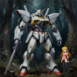 a highly detailed painting of a mecha in a dark forest by moebius, paul lehr, darling in the franxx, trending on artstation, 4 k, 8 k, highly detailed, sharp, oil on canvas