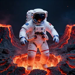 luxurious royal white and blue astronaut emerging from hot red volcanic lava in cyberpunk theme by conrad roset, nicola samuri, dino valls, m. w. kaluta, rule of thirds, sigma look, beautiful