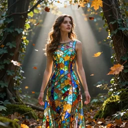portrait of a woman wearing a dress of stained glass , autumn leaves falling, dramatic volumetric lighting, god rays, global illumination, soft, sharp focus, sci-fi, ivy, moss, trending on artstation, intricate concept art by virgil hoo and Sebastian Luca and Greg Rutkowski