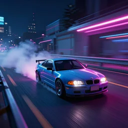 a car drifting on a neon road, digital art by beeple, in the style of outrun