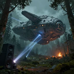 a giant megastructure spaceship wrecked and lost in the forest, a small fire in the distance, powerful laser light and large sound system on the left, detailed digital art by greg rutkowski.