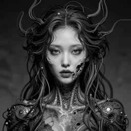 beautiful possessed korean female android fused with lovecraft, cosmic entity, the thing, the blob, cable wires as hair, ghostly, holes in the lower jaw, gnarly, portrait, intricate details, by vincent di fate, artgerm, julie bell, beeple and Greg Rutkowski, 80s, concept, Smooth gradients, octane render, 8k, High contrast, duo tone, depth of field, very coherent symmetrical artwork