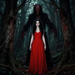 artgerm, edmund dulac, full body, pretty alyson hannigan, evil dead demon, evil dead movie, red dress, symmetrical eyes, symmetrical face, long curly black hair, trees, forest, branches, cinematic lighting, evil dead creature, scary, blood