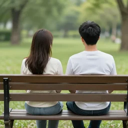 a photo of a couple sitting on a park bench looking at a beautiful purple and yellow sunset over the ocean. The sky is green