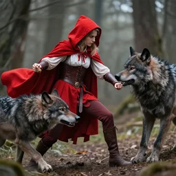 photo of red riding hood warrior fending off a werewolf