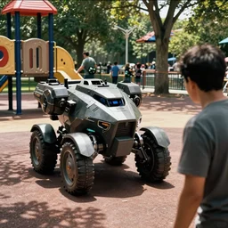 home video footage, an armored core playing in the playground, summer. color vhs picture quality with mixed noise, filmed by dad.