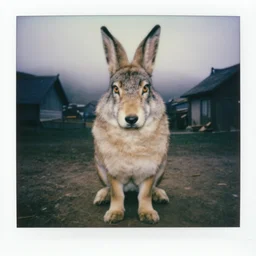 close up potrait of oversized wolf rabbit mutant, on village, full body, nighttime, cinematic focus, polaroid photo, vintage, neutral dull colors, soft lights, foggy, overcast by oleg oprisco, by thomas peschak, by discovery channel, by victor enrich, by gregory crewdson