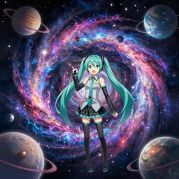 hatsune miku galaxy, nebula, galaxy microcosm, double spiral, beautiful colors, vibrant, space, planets, illustration, trending on deviantart, 4 k