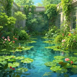 An overgrown room, flooded with crystal clear water, overgrown with lily pads, lush bushes and colorful flowers, digital art, trending on Artstation, immaculate scale, amazing composition, detailed painting