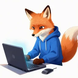 a concept art of anthropomorphic fox in a blue hoodie hacking a portable computer, artstation, digital art, oc commission, style by studio gainax