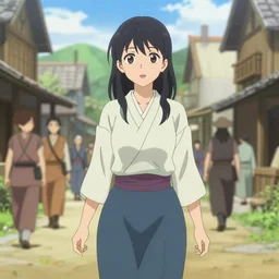 anime visual, portrait of a young female walking through a busy medieval village, face by yoh yoshinari, murata range, last exile, blue submarine no 6, dynamic pose, anime artbook, dynamic perspective, detailed silhouette, cel shaded anime