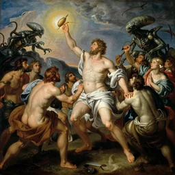 of humanity fighting off a alien invasion in the style of giovanni battista tiepolo