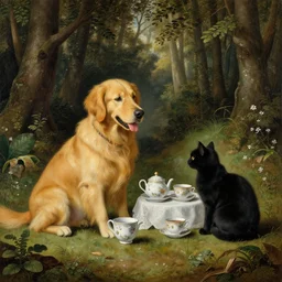 bruegel style painting of golden retriever and a black kitty having a tea party in the forest