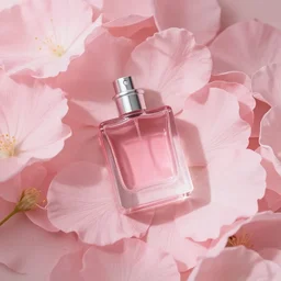 pink perfume lying in a deep pink pale flower bed, birdseye view softly - lit, soft - warm, zen, light, modern minimalist f 2 0 clean