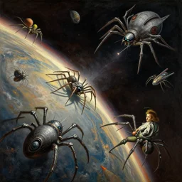 a painting by john harris, barlowe wayne, maxfield parrish, gustave dore and marco mazzoni. on the edge of the solar system, various alien spider space ships are fighting fiercely. hyper detailed.