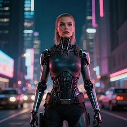 4 k remaster extremely detailed cinematic movie still from blade runner 2 0 4 9 of a cyborg warrior princess in the street, megabuildings, face by artgerm, cyber noir, bokeh, denis villeneuve, rich colors, night, road