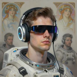 future coder man looking on, sleek cyclops display over eyes and sleek bright headphoneset, neon accent lights, prismatic aesthetic, desaturated headshot portrait painting by dean cornwall, rhads, john berkey, tom whalen, alex grey, alphonse mucha, donoto giancola, astronaut cyberpunk electric fashion photography