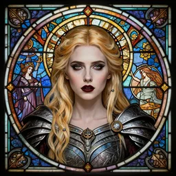 masterpiece head-on symmetrical centered portrait, Emma Roberts as a Gothic Warrior, blonde hair, gothic stained glass style, tarot card style, elegant, distant, in the style of Edgar Maxence and Ross Tran and Zdzisław Beksiński and Michael Whelan and Mucha and Gustave Doré, specular highlights, 8k, octane render