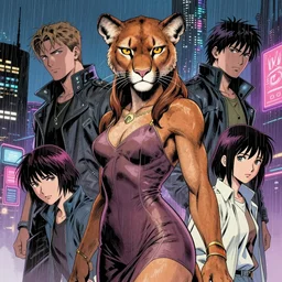 beautiful portrait commission of a female furry anthro mountain lion wearing a dress. Cyberpunk city at night in the rain. Neon light. Atmospheric. Character design by charlie bowater, ross tran, artgerm, and makoto shinkai, detailed, inked, western comic book art