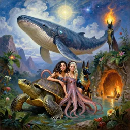 fantasy fairytale portrait, hybrid great leviathan, cybernetic turtle, cephalopod terrapin, reptilian pachyderm, raptor squid, symbiotic hybrid, aishwarya rai bachchan, milla jovovich, anubis - reptilian, warrior, solar flare cozy, hot springs hidden cave, candlelight, natural light, lush plants and flowers, spectacular mountains, bright clouds, luminous stellar sky, outer worlds, william - adolphe bouguereau, michael cheval, oil painting, michael whelan, hd,