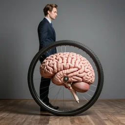 man with wheel as brain