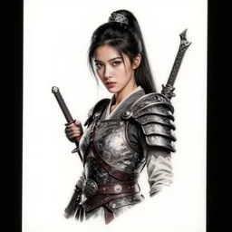 tattoo design of a hyper realistic beautiful girl warrior, hyper detailed, in the design of eliot kohek, on white background