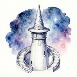 wizard tower surrounded by a spiral staircase, drawing, nebula gradient watercolor, intricate linework, stunning artwork, highly detailed, trending on artstation,