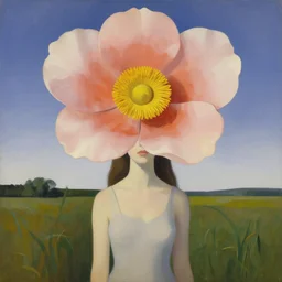 huge flower as head, woman standing in a field, surreal, flat light, painting, digital painting, artstation, georgia o'keeffe