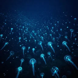 thousands of bioluminescent sea creatures, ethereal lighting, volumetric lighting, octane render, photo real, hyperdetailed, cinematic