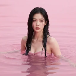 lee jin - eun emerging from pink water in god of war 4 game by peter andrew jones, rule of thirds, seductive look, beautiful