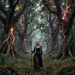a gothic elf woman of old walking through an open field with her staff in a beautiful forest of ancient neurons with yellow and pink glowing synapses running through the forest, huge incredibly immense trees, highly detailed, hyperrealism, ancient forest like fanal forest, misty forest, realistic painting, sharp image, hyper realistic art, cinematic, art by konstantin razumov, chiaroscuro