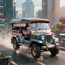 philippine jeepney flying through cyberpunk manila city, cgi render, concept art, unreal engine
