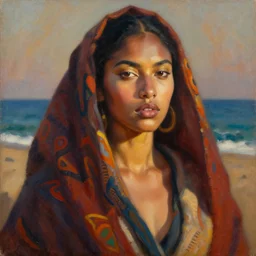 detailed portrait in daring femininity, coastal ethnic, statuesque, confident realistic face, warm glow, bathed in morning light, chiaroscuro, painterly, radiosity, impressionism, textiles color medley, warm earthy natural color scheme with contrasting highlights, modern fashion, contemporary art, deep rich hues, oil on canvas