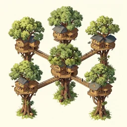 Isometric view of a society living on multiple tree houses connected by bridges, intricate, illustration, hyper detailed, detailed