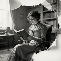 long shot, monochromatic photography of an eerie ghostly vision of a victorian woman reading, in a chair in a well - lit library room, torn photograph, hyper realism, 8 k