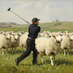a sheep swinging a golf club, sharp focus, matte painting, by isaac levitan and asher brown durand,