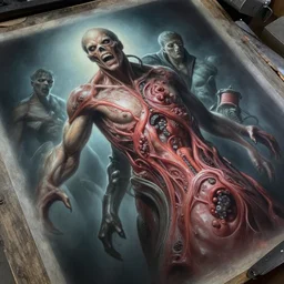 airbrushed awful ischemic chloleithiasis terror herculoids angled machine by jack kirby, wayne d barlowe, francesco blanc, philippe druillet, fine art masterpiece baked at 3 0 0 f, matte painting, cold lighting, aged with sunlight, award winning horror wraparound, photorealistic render, cinematic