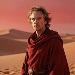 dune, spacing guild, portrait, red mist, arrakis in the background, sci-fi, Denis Villeneuve, cinestill colour, anamorphic