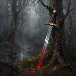 overgrown sword leaning against a tree, weapon, sword, foggy forest, swamp, nebula, crimson, eerie, oil painting, by greg rutkowski