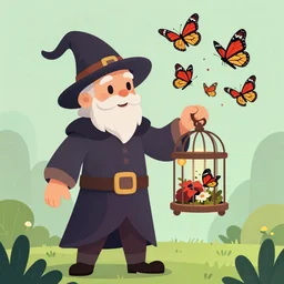 wizard holding a cage, with monarch butterflies fluttering out, digital 2d fantasy art