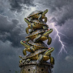turtles stacked on top of each other, water dripping, raining, moody clouds, lightning, oil painting, detailed, wide angle, extreme angle, looking up from below tower, extreme perspective