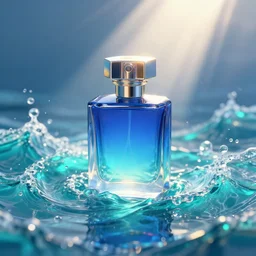blue perfume bottle surrounded by turquoise water droplet and waves, lonely world still shining through faintly rainbow led lights, beautiful surreal scenery artwork pixiv. soul dust. unthinkable dream sublime god lighting, sun rays, cold colors. insanely detailed, artstation!! pixiv!! infinitely detailed created by god