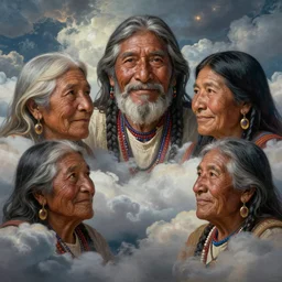 faces of indigenous amazonian grandfathers and grandmothers spirits in the clouds, smiling, protection, benevolence, ancestors, detailed faces, religious painting, art by christophe vacher
