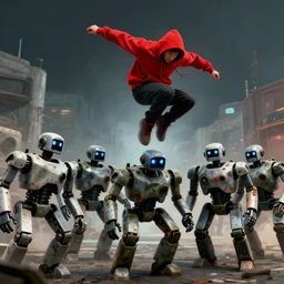 man in red hoodie jumping over army of robots, digital art, dynamic