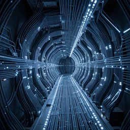 an endless tunnel of wires and circuitry with high - tech glowing led illuminating the godrays and volumetric atmosphere made in octane render and cinema 4 d,