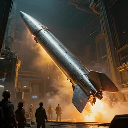 closeup of a highly futuristic technical missile being launched from huge platform while engineers watch, cyberpunk, moody, luminescent, rule of thirds, golden ratio, ambient lighting, syd mead, greg rutkowski, wlop, artgerm, artstation, highly detailed masterpiece